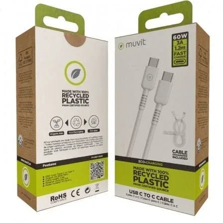 Cable USB 2.0 Tipo-C Muvit For Change MCUSC0008/ USB Tipo-C Macho - USB Tipo-C/ Hasta 60W/ 480Mbps/ 1.2m/ Blanco - PixelPlaza