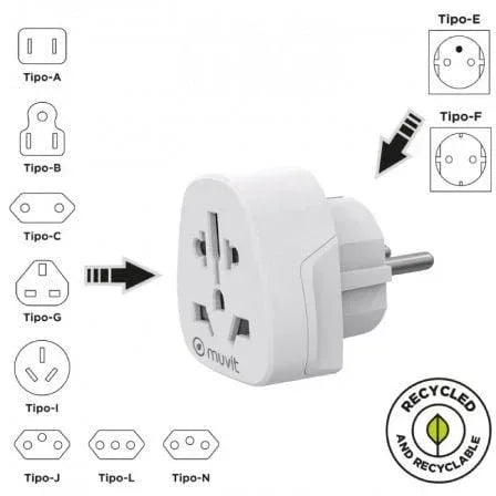 Enchufe Universal Muvit For Change MCADP0007/ 1 Toma de Corriente/ Blanco - PixelPlaza