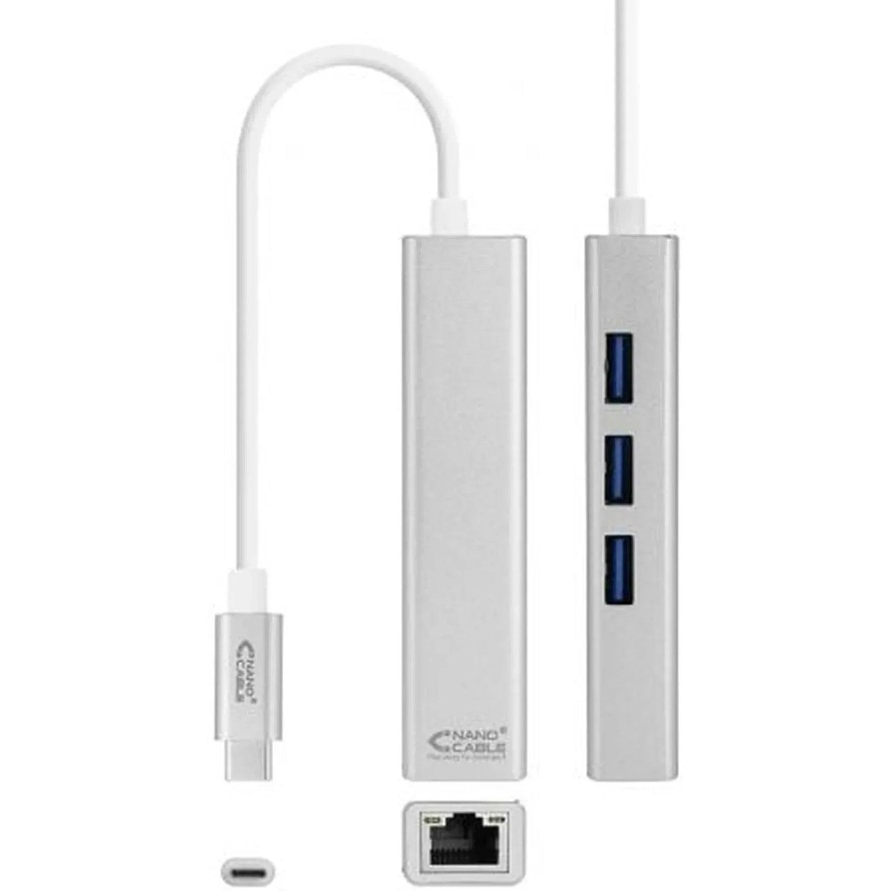 Hub USB Tipo-C Nanocable 10.03.0404/ 3xUSB/ 1xRJ45/ Gris - PixelPlaza