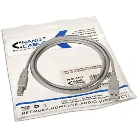 Cable USB 2.0 Impresora Nanocable 10.01.0103/ USB Tipo-B Macho - USB Macho/ 1.8m/ Beige - PixelPlaza