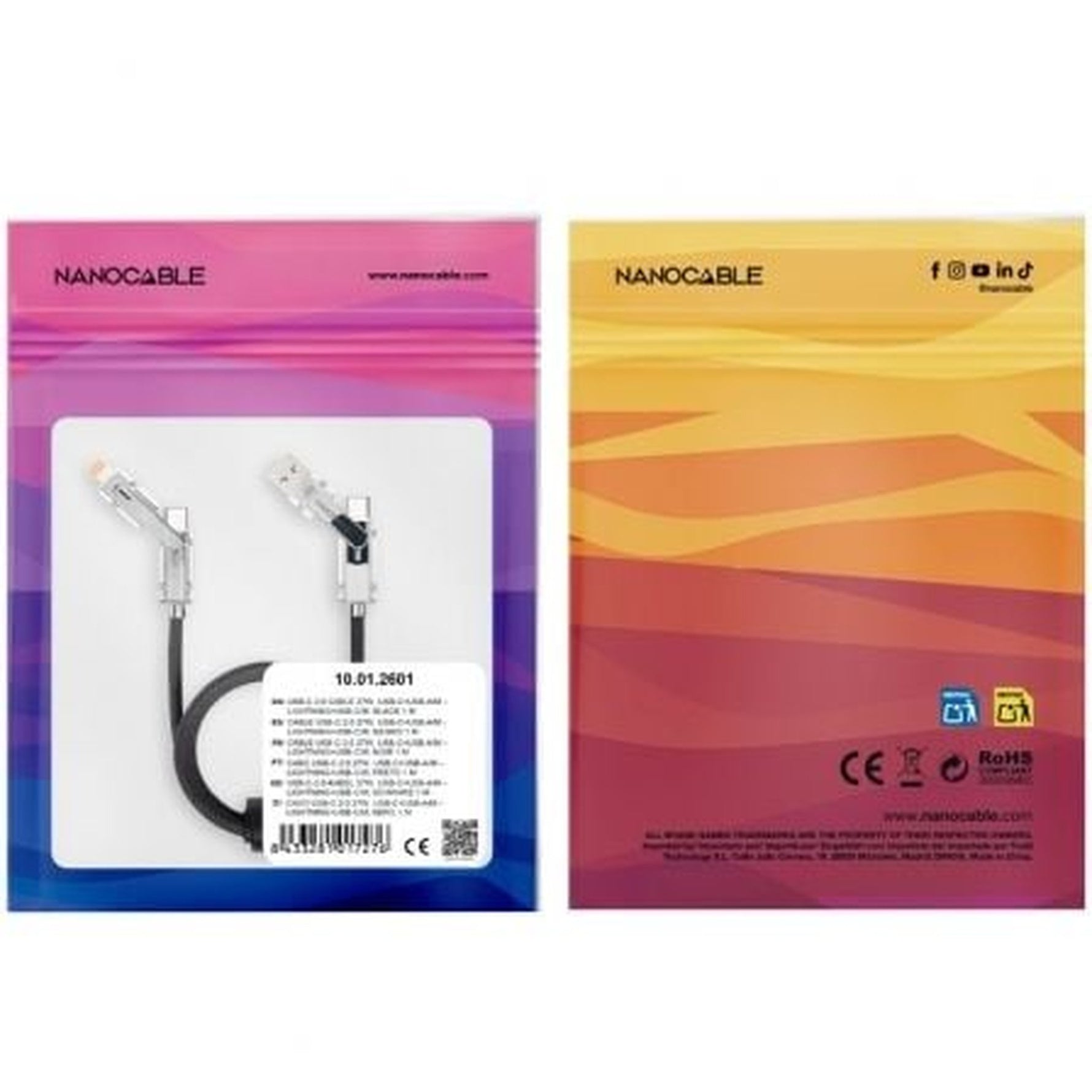 Cable USB 2.0 Tipo-C Nanocable 10.01.2601/ USB Tipo-C Macho + USB Macho - USB Tipo-C Macho + Lightning Macho/ Hasta 27W/ 480Mbps/ 1m/ Negro