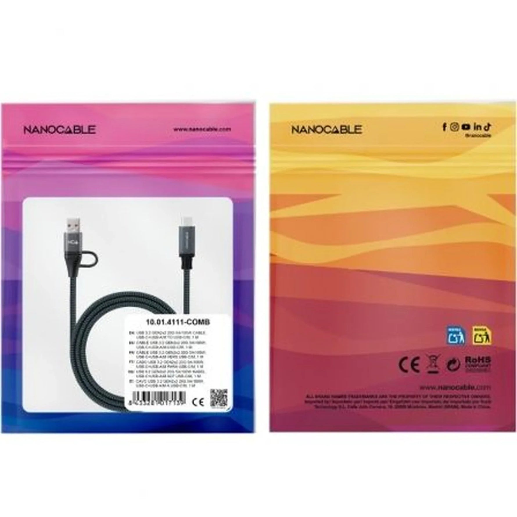 Cable USB 3.2 Tipo-C Nanocable 10.01.4111-COMB/ USB Tipo-C Macho + USB Macho - USB Tipo-C Macho/ Hasta 100W/ 20Gbps/ 1m/ Gris y Negro - PixelPlaza