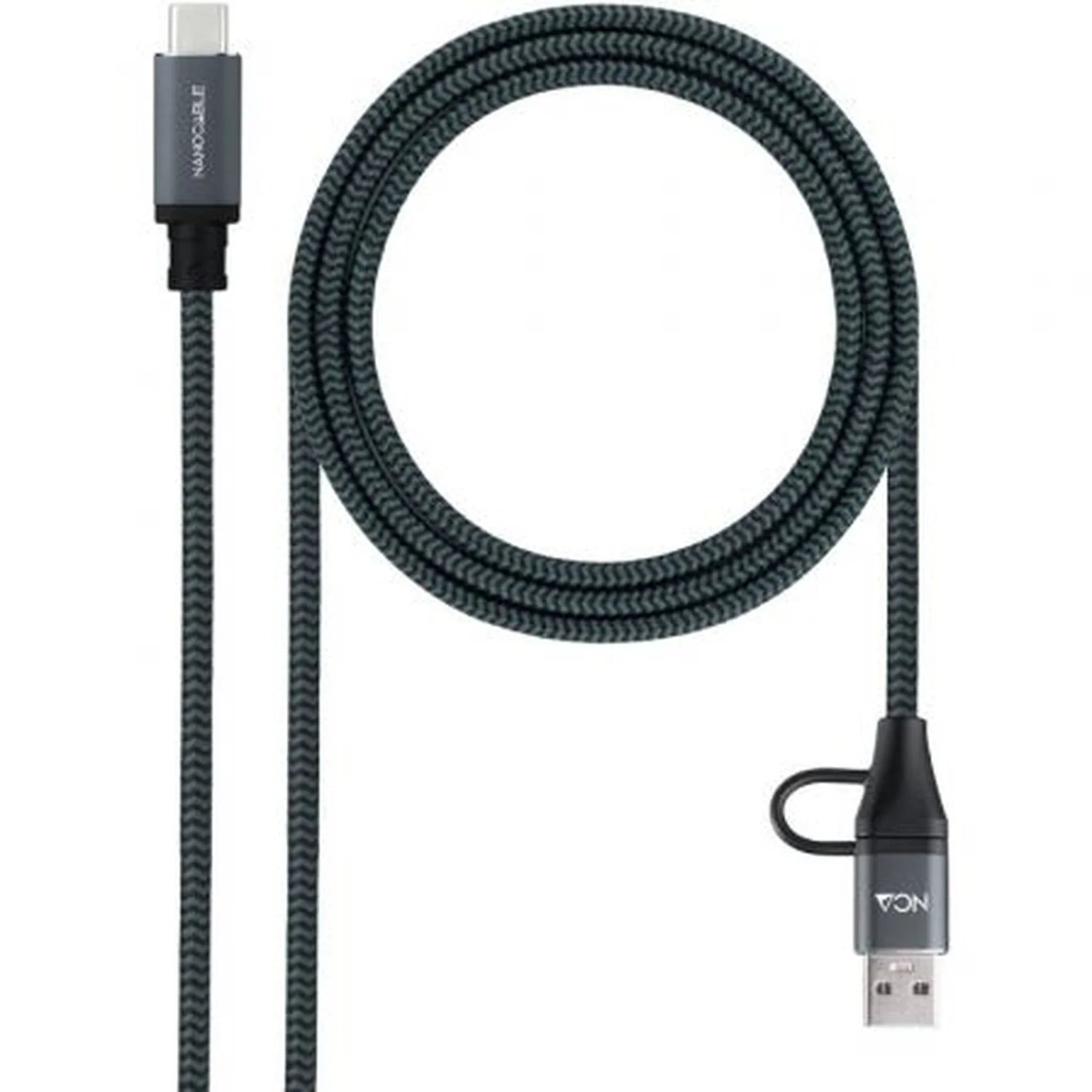 Cable USB 3.2 Tipo-C Nanocable 10.01.4112-COMB/ USB Tipo-C Macho + USB Macho - USB Tipo-C Macho/ Hasta 100W/ 20Gbps/ 2m/ Gris y Negro - PixelPlaza