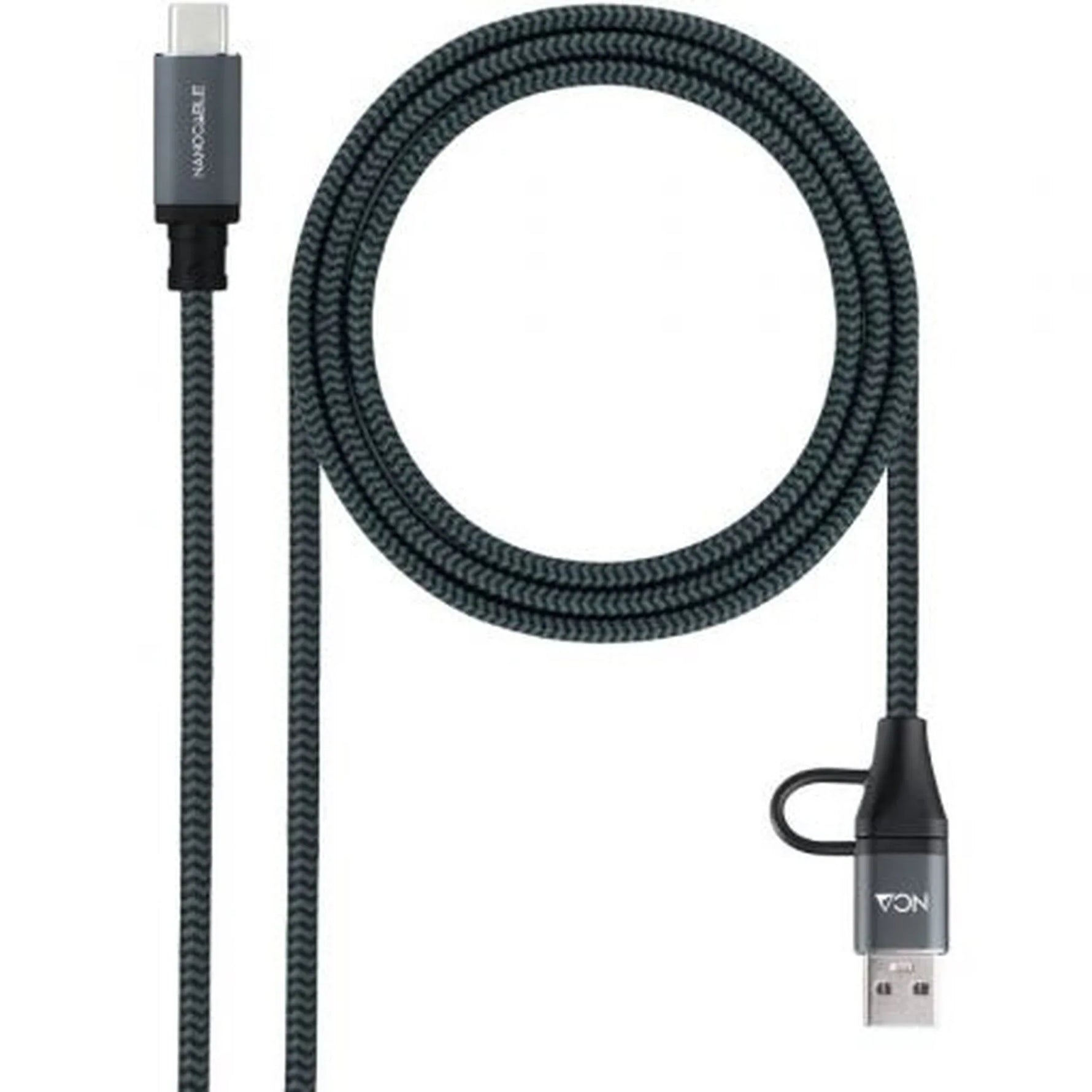 Cable USB 3.2 Tipo-C Nanocable 10.01.4112-COMB/ USB Tipo-C Macho + USB Macho - USB Tipo-C Macho/ Hasta 100W/ 20Gbps/ 2m/ Gris y Negro - PixelPlaza