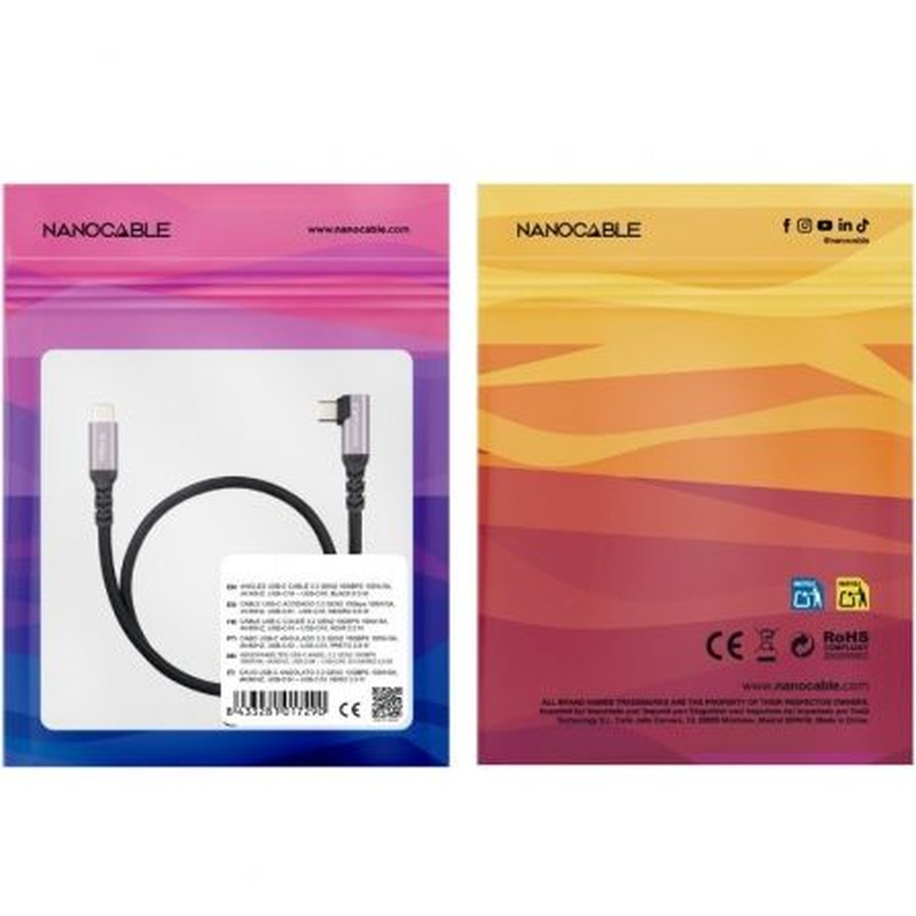 Cable USB 3.2 Tipo-C Acodado Nanocable 10.01.4702/ USB Tipo-C Macho - USB Tipo-C Macho/ Hasta 100W/ 10Gbps/ 2m/ Negro
