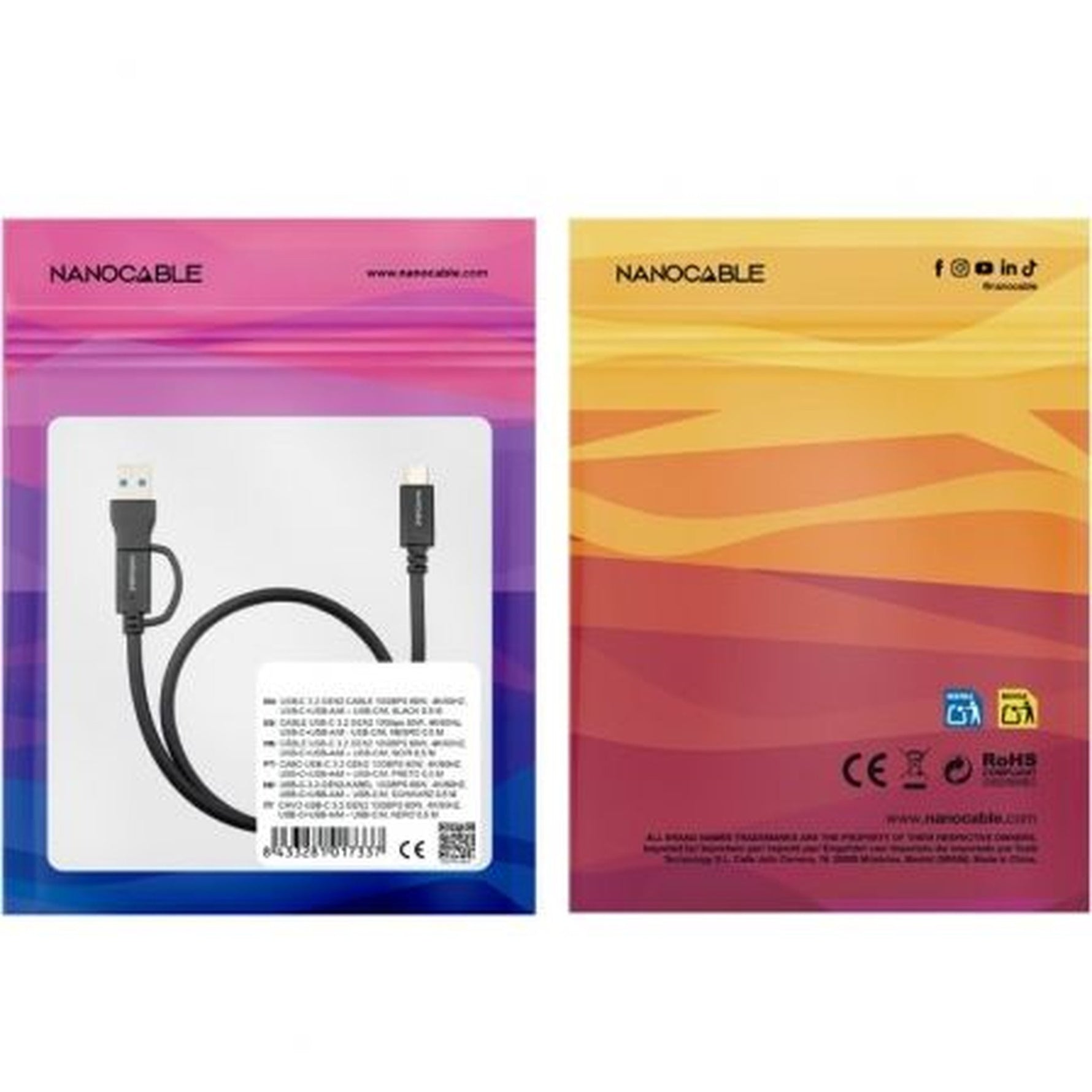 Cable USB 3.2 Tipo-C Nanocable 10.01.4802/ USB Tipo-C Macho/ USB Macho - USB Tipo-C Macho/ Hasta 60W/ 10Gbps/ 2m/ Negro