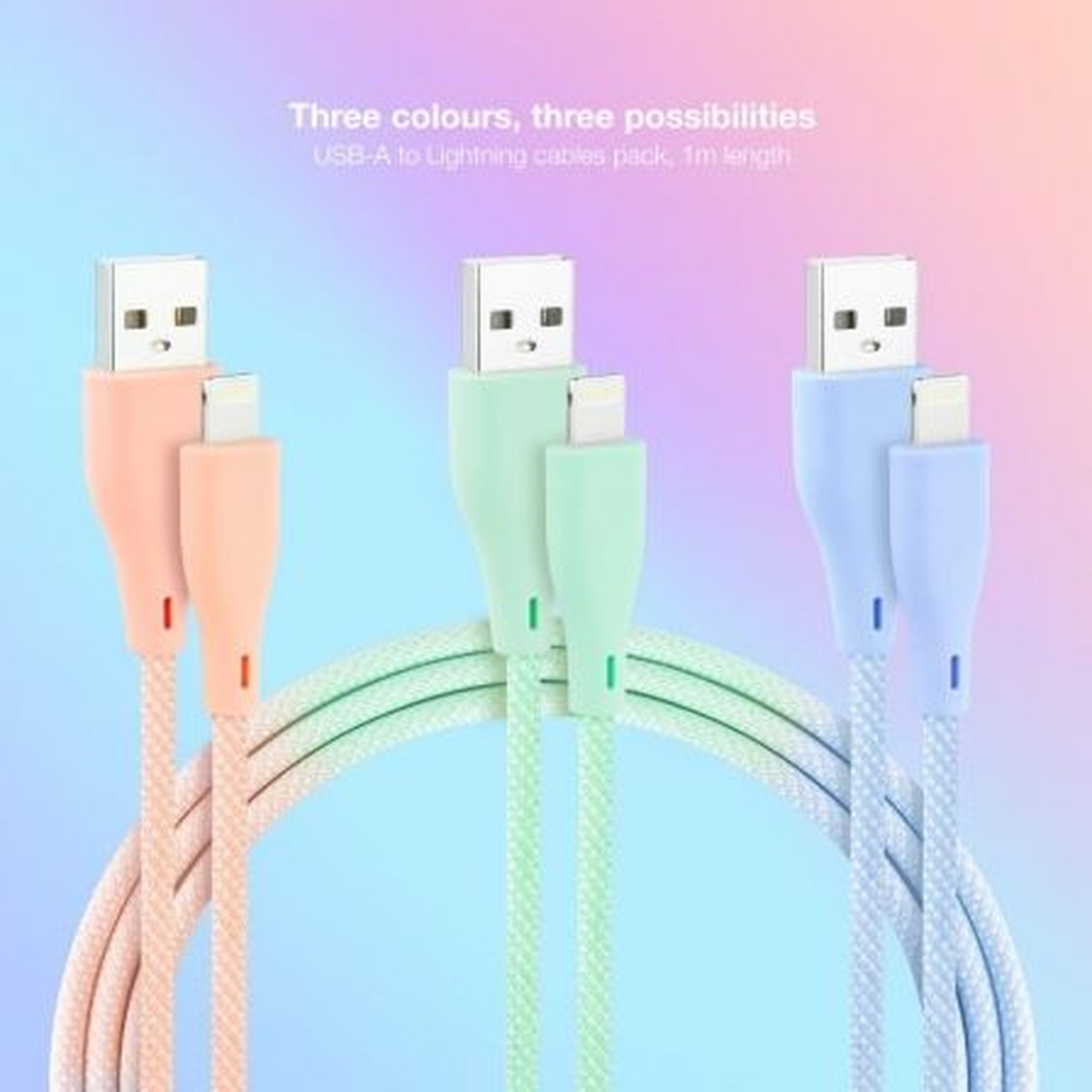 Cables USB 2.0 Lightning Nanocable 10.10.0401-CO1/ USB Macho - Lightning Macho/ 1m/ 3 Unidades/ Rosa, Azul y Verde
