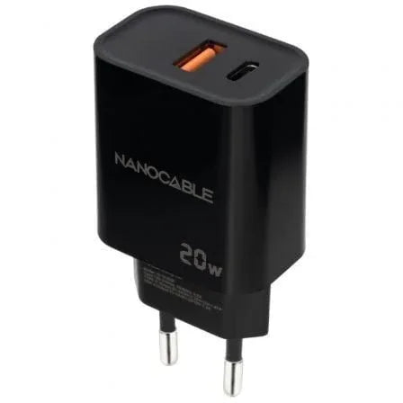 Cargador de Pared Nanocable 10.10.2008/ 1xUSB/ 1xUSB Tipo-C/ 20W/ Negro - PixelPlaza