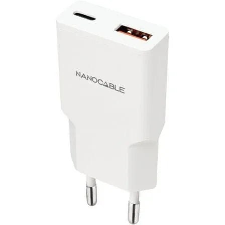 Cargador de Pared Nanocable 10.10.2022/ 1xUSB Tipo-C/ 1xUSB/ 20W/ Blanco - PixelPlaza
