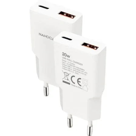 Cargador de Pared Nanocable 10.10.2022/ 1xUSB Tipo-C/ 1xUSB/ 20W/ Blanco - PixelPlaza