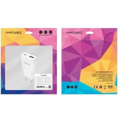 Cargador de Pared Nanocable 10.10.2025/ 1xUSB Tipo-C/ 1xUSB/ 25W/ Blanco - PixelPlaza