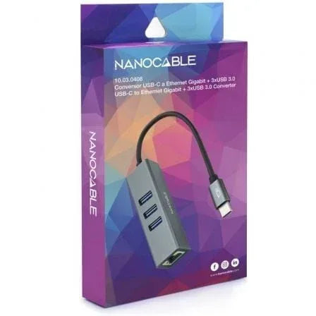 Hub USB Tipo-C Nanocable 10.03.0408/ 3xUSB/ 1xRJ45/ Gris - PixelPlaza