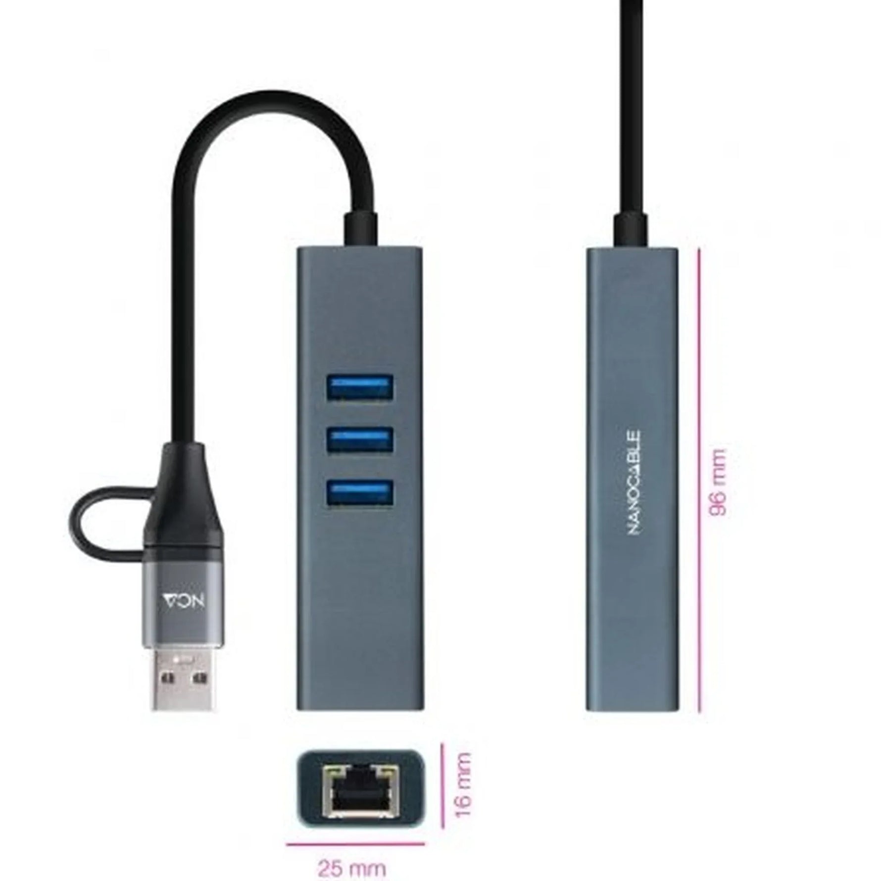 Hub USB + USB Tipo-C 3.0 Nanocable 10.03.0412/ 3xUSB/ 1xRJ45/ Gris - PixelPlaza