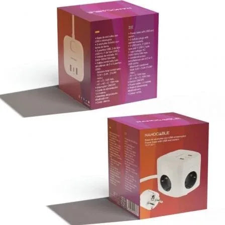 Regleta Nanocable 10.37.0011/ 3 Tomas de corriente/ 2 USB - 1 USB Tipo-C/ Cable 1.4m/ Blanca - PixelPlaza