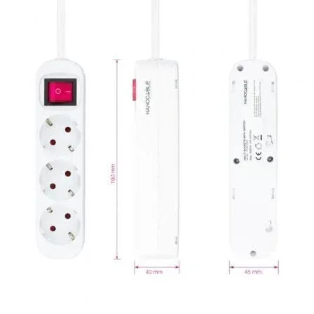 Regleta con Interruptor Nanocable 10.38.0003/ 3 Tomas de Corriente/ Cable 1.4m/ Blanca - PixelPlaza