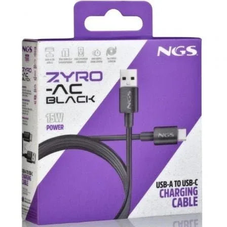 Cable USB 2.0 NGS ZYRO-AC/ USB Macho - USB Tipo-C Macho/ Hasta 15W/ 480Mbps/ 1m/ Negro - PixelPlaza