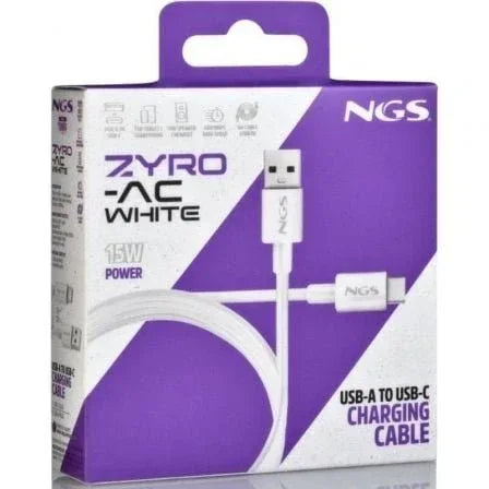 Cable USB 2.0 NGS ZYRO-AC/ USB Macho - USB Tipo-C Macho/ Hasta 15W/ 480Mbps/ 1m/ Blanco - PixelPlaza