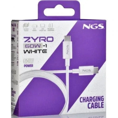 Cable USB 2.0 Tipo-C NGS ZYRO 60W-1/ USB Tipo-C Macho - USB Tipo-C Macho/ Hasta 60W/ 480Mbps/ 1m/ Blanco - PixelPlaza