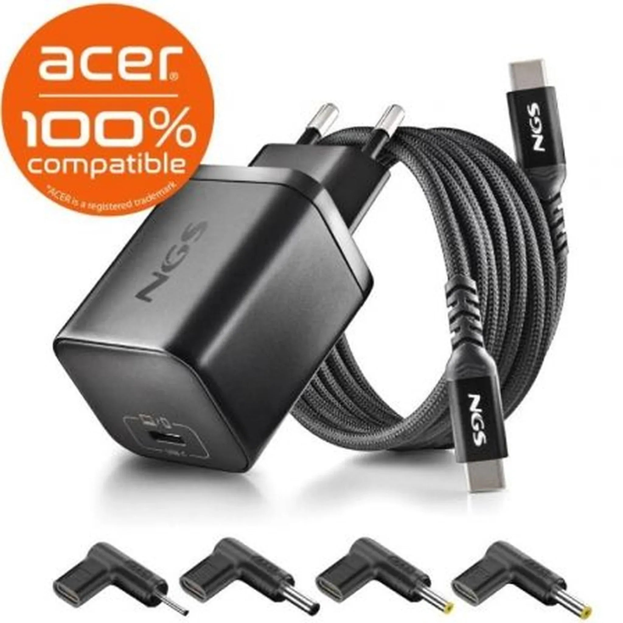 Cargador GaN de Portátil NGS BUD65W-AC para Acer/ 1xUSB Tipo-C/ 65W/ Automático/ 4 Conectores/ Voltaje 5-20V - PixelPlaza