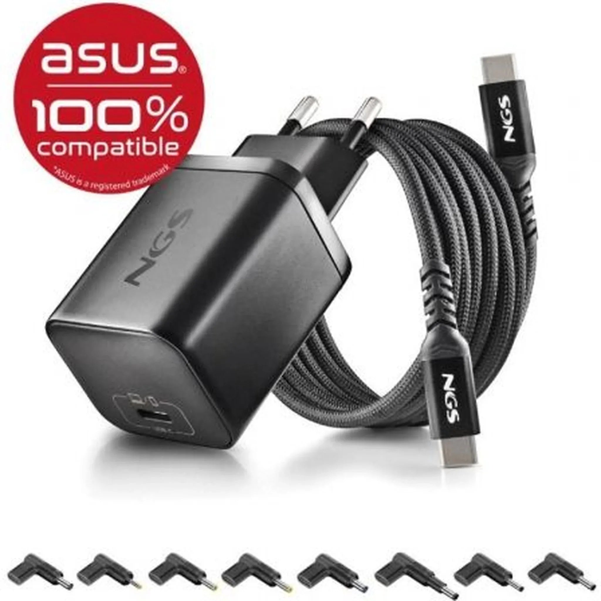 Cargador GaN de Portátil NGS BUD65W-AS para Asus/ 1xUSB Tipo-C/ 65W/ Automático/ 8 Conectores/ Voltaje 5-20V - PixelPlaza