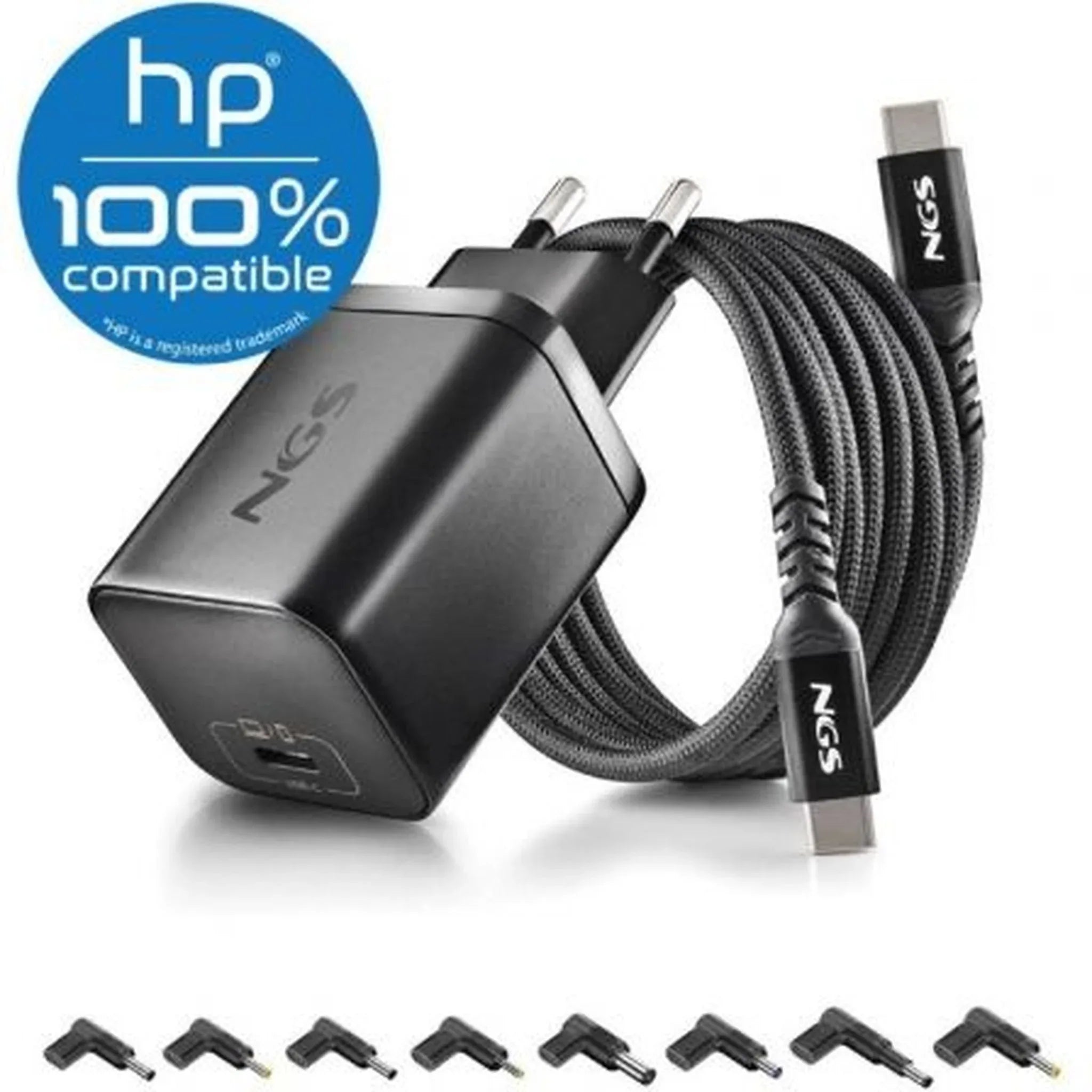 Cargador GaN de Portátil NGS BUD65W-H para HP/ 1xUSB Tipo-C/ 65W/ Automático/ 8 Conectores/ Voltaje 5-20V - PixelPlaza