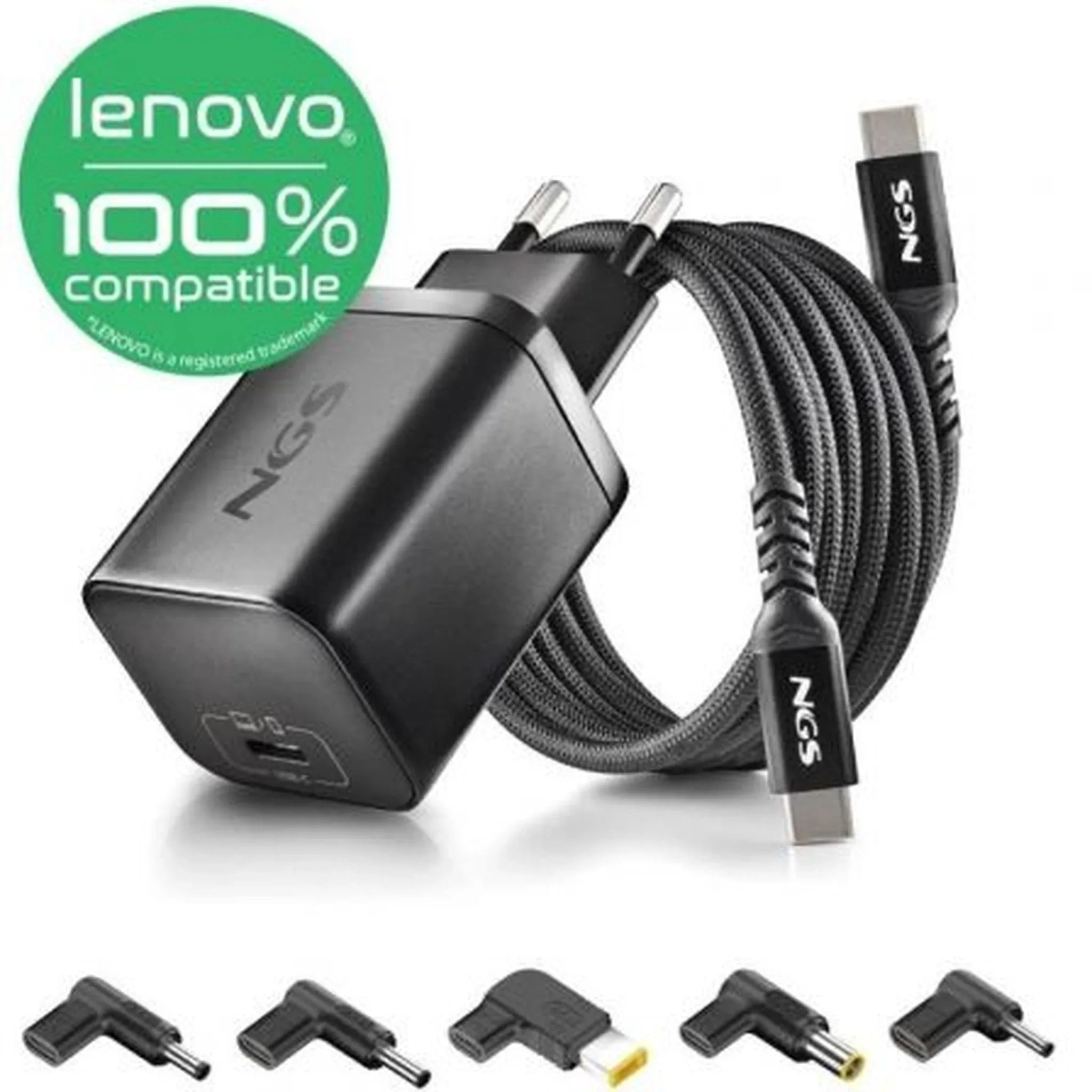 Cargador GaN de Portátil NGS BUD65W-L para Lenovo/ 1xUSB Tipo-C/ 65W/ Automático/ 5 Conectores/ Voltaje 5-20V - PixelPlaza