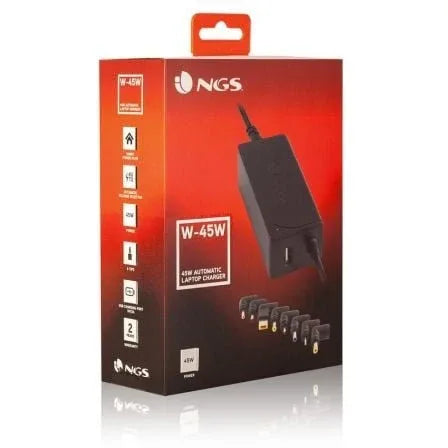 Cargador de Portátil NGS W-45W/ 45W/ Automático/ 8 Conectores/ Voltaje 19-20V/ 1 USB - PixelPlaza