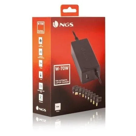 Cargador de Portátil NGS W-70W/ 70W/ Automático/ 9 Conectores/ Voltaje 18.5-20V/ 1 USB - PixelPlaza