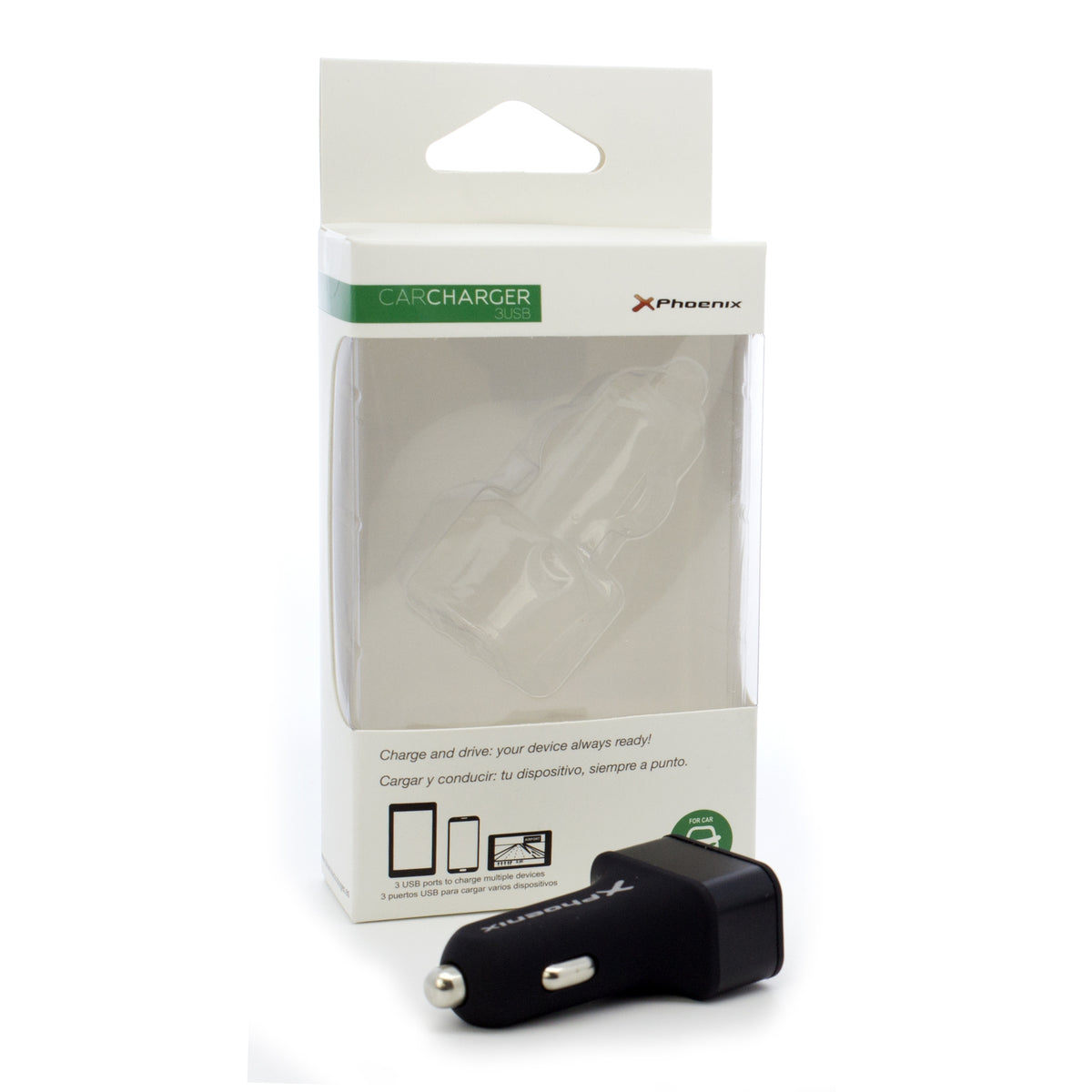 Cargador universal phoenix phcarcharger3usb para coche · mechero 5v - 3 x USB 7.2a negro acabado en silicona