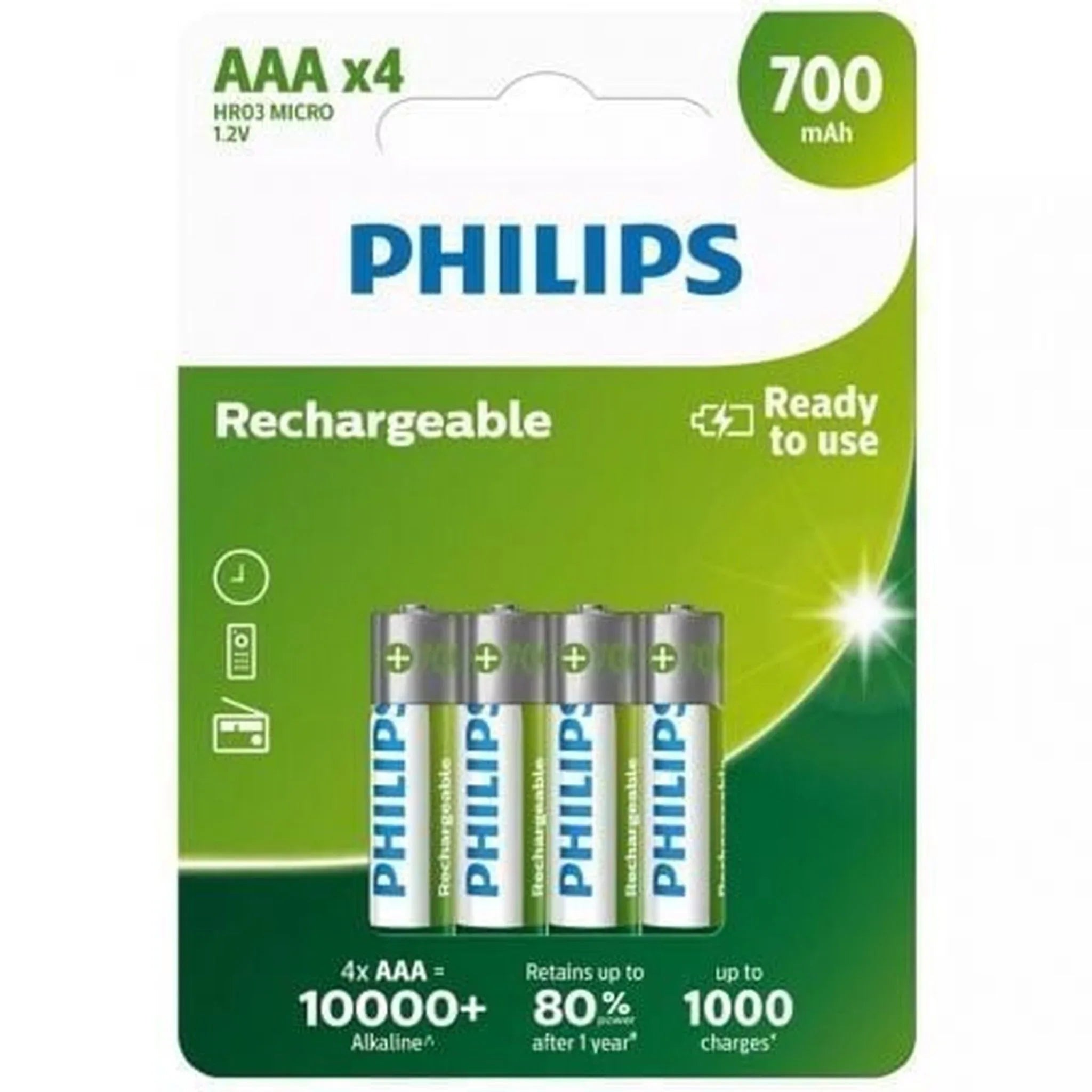 Pack de 4 Pilas AAA Philips R03B4A70/10/ 1.2V/ Recargables - PixelPlaza