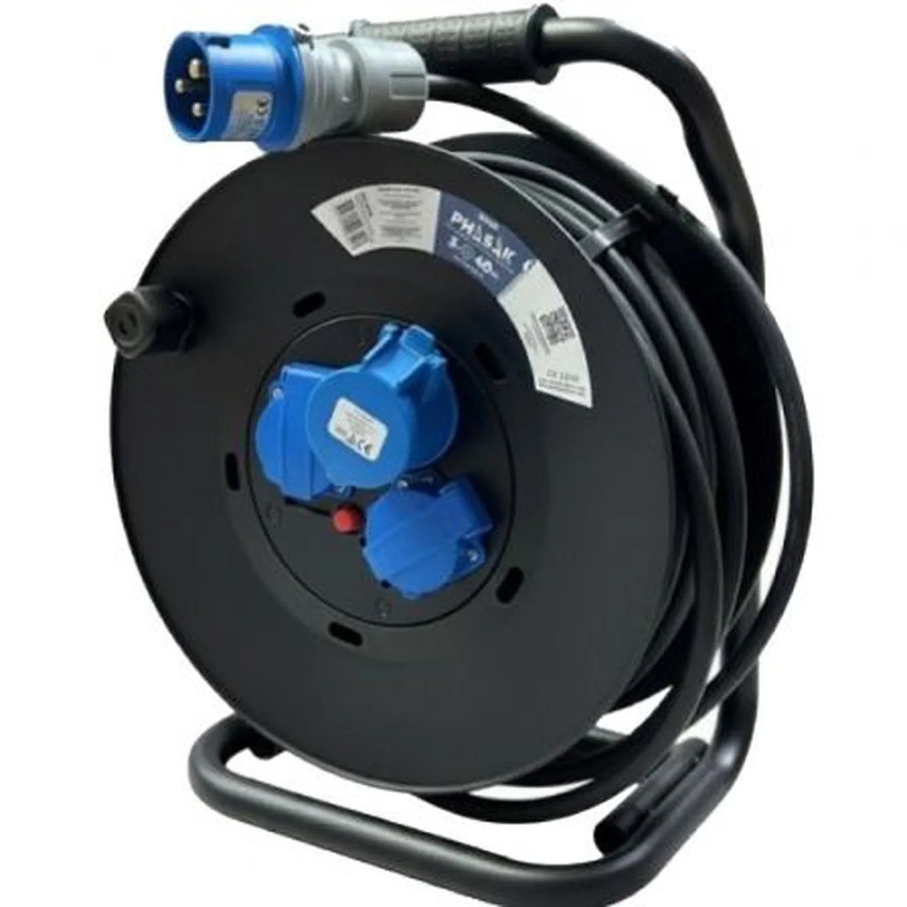 Regleta enrollable Phasak BN 3478/ 2 Tomas de corriente/ 1 Enchufe industrial 2P+TT/ Cable 40m/ Negro y Azul - PixelPlaza