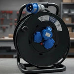 Regleta enrollable Phasak BN 3478/ 2 Tomas de corriente/ 1 Enchufe industrial 2P+TT/ Cable 40m/ Negro y Azul - PixelPlaza