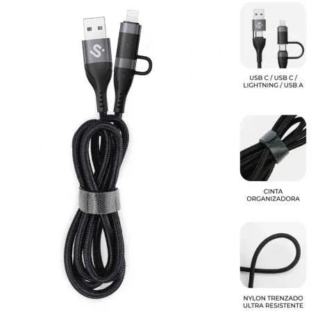 Cable USB 2.0 Tipo-C Subblim Top 4 en 1/ USB Tipo-C Macho - USB Macho/ USB Tipo-C Macho - Lightning Macho/ Hasta 60W/ 480Mbps/ 1m/ Negro - PixelPlaza