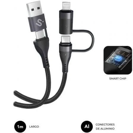 Cable USB 2.0 Tipo-C Subblim Top 4 en 1/ USB Tipo-C Macho - USB Macho/ USB Tipo-C Macho - Lightning Macho/ Hasta 60W/ 480Mbps/ 1m/ Negro - PixelPlaza