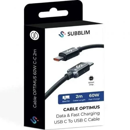 Cable USB 2.0 Tipo-C Subblim Optimus/ USB Tipo-C Macho - USB Tipo-C Macho/ Hasta 60W/ 480Mbps/ 2m/ Negro - PixelPlaza