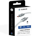 Cable USB 2.0 Tipo-C Subblim Optimus/ USB Tipo-C Macho - USB Tipo-C Macho/ Hasta 60W/ 480Mbps/ 1m/ Blanco - PixelPlaza