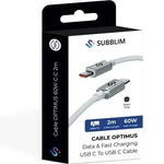 Cable USB 2.0 Tipo-C Subblim Optimus/ USB Tipo-C Macho - USB Tipo-C Macho/ Hasta 60W/ 480Mbps/ 2m/ Blanco - PixelPlaza