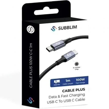 Cable USB 2.0 Tipo-C Subblim Plus/ USB Tipo-C Macho - USB Tipo-C Macho/ Hasta 100W/ 480Mbps/ 1m/ Negro - PixelPlaza