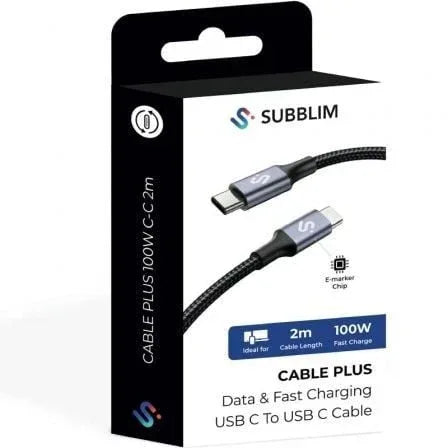 Cable USB 2.0 Tipo-C Subblim Plus/ USB Tipo-C Macho - USB Tipo-C Macho/ Hasta 100W/ 480Mbps/ 2m/ Negro - PixelPlaza