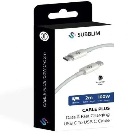 Cable USB 2.0 Tipo-C Subblim Cable Plus/ USB Tipo-C Macho - USB Tipo-C Macho/ Hasta 100W/ 480Mbps/ 2m/ Blanco - PixelPlaza