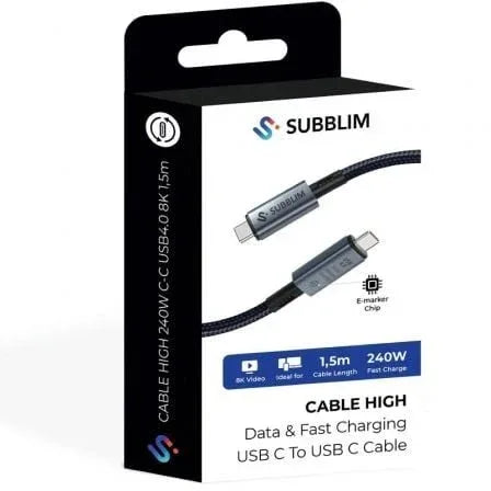 Cable USB 4.0 Tipo-C Subblim Cable High/ USB Tipo-C Macho - USB Tipo-C Macho/ Hasta 240W/ 40Gbps 1.5m/ Negro - PixelPlaza