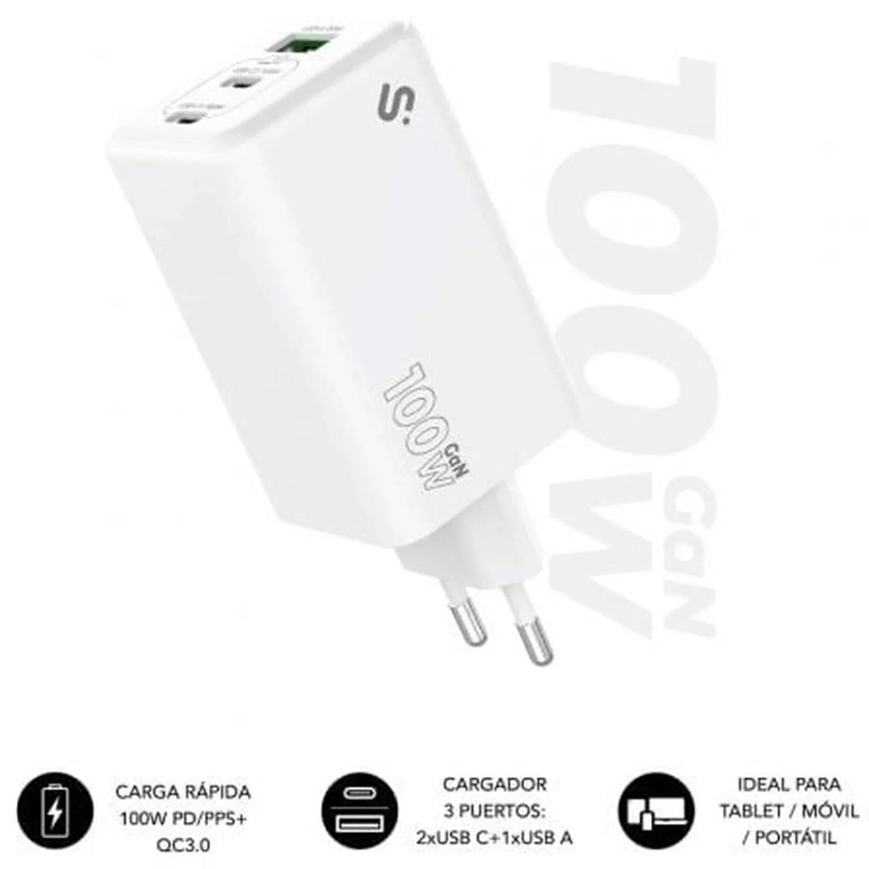 Cargador de Pared GaN Subblim 100W Charger USB C+C+A/ 2xUSB Tipo-C/ 1xUSB/ 100W - PixelPlaza
