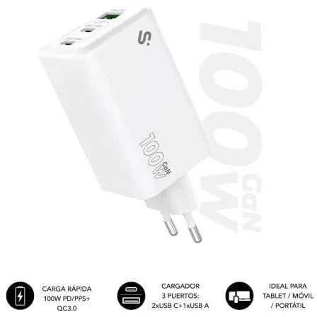 Cargador de Pared GaN Subblim 100W Charger USB C+C+A/ 2xUSB Tipo-C/ 1xUSB/ 100W - PixelPlaza