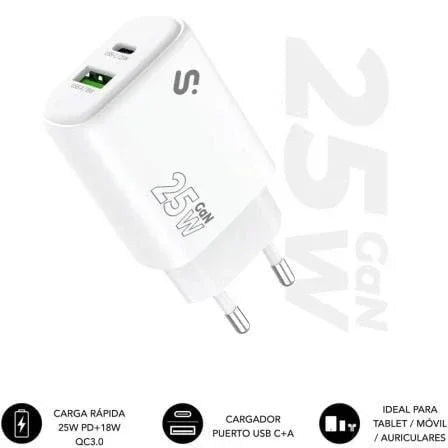 Cargador de Pared GaN Subblim 25W Charger USB C+A/ 1xUSB Tipo-C/ 1xUSB/ 25W - PixelPlaza