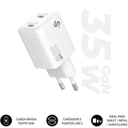 Cargador de Pared GaN Subblim 35W Charger USB C+C/ 2xUSB Tipo-C/ 35W - PixelPlaza