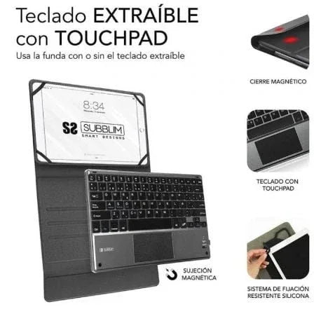 Funda con Teclado Subblim Keytab Pro Bluetooth Touchpad para Tablets de 10.1"-10.8"/ Negra - PixelPlaza