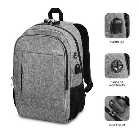 Mochila Subblim Urban Lock para Portátiles hasta 16"/ Puerto USB/ Antirrobo/ Gris - PixelPlaza