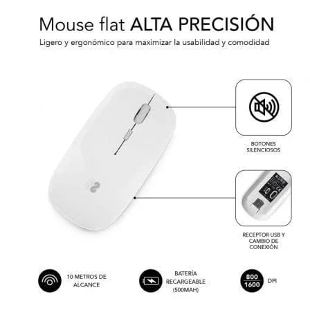 Ratón Inalámbrico por Bluetooth Subblim Dual Flat/ Batería recargable/ Hasta 1600 DPI/ Blanco - PixelPlaza