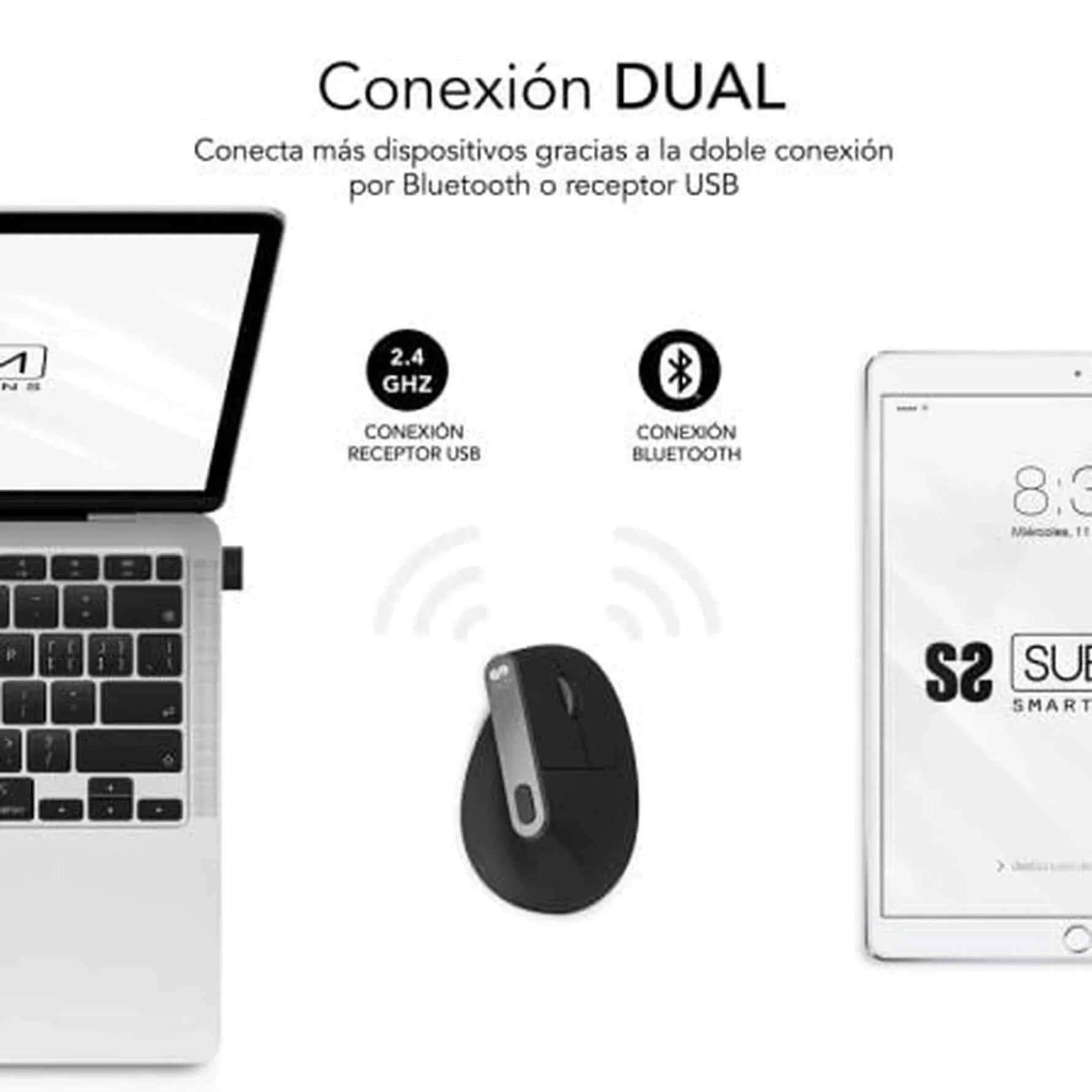 Ratón Ergonómico Inalámbrico por Bluetooth/ 2.4GHz Subblim Nature Vertical Ergo Dual Battery/ Batería Recargable/ Hasta 4000 DPI/ Negro - PixelPlaza