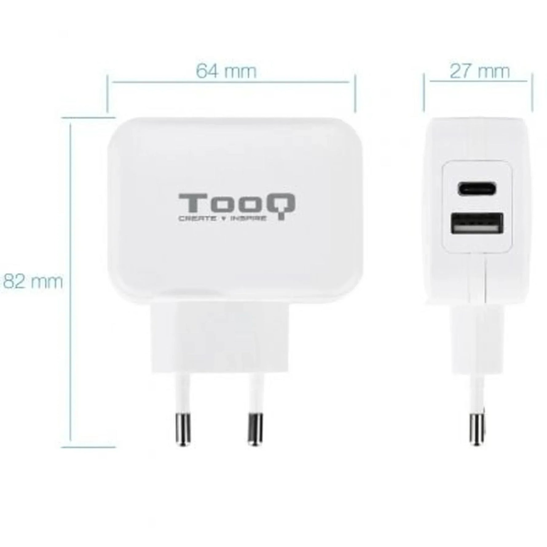 Cargador de Pared TooQ TQWC-2SC02WT/ 1xUSB Tipo-C/ 1x USB/ 27W - PixelPlaza